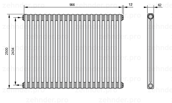 Схема (чертеж) Радиатор Zehnder Charleston 2250/21 №1270 Белый глянцевый RAL 9016